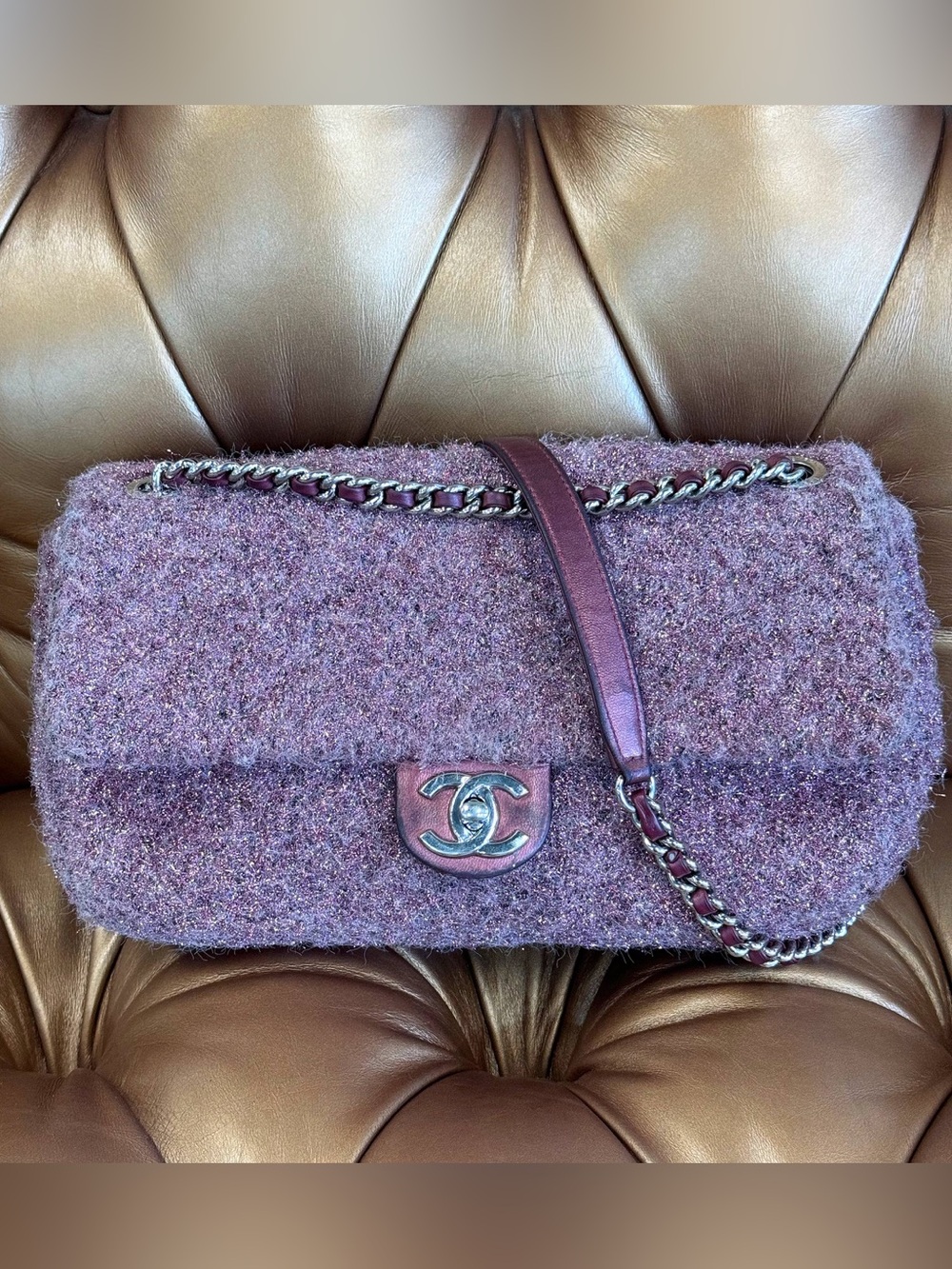 Chanel CC Chain Flap Bag Pink Quilted Knit Pluto Glitter Medium - Picture 1 of 13